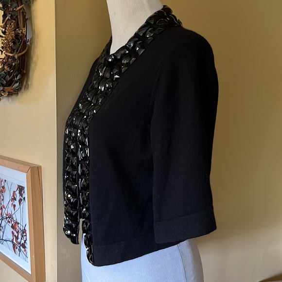TRINA TURK Size Medium Crop Cardigan Black Gemstones Trim Cashmere Cotton $249 - Picture 6 of 16